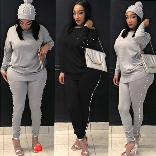 Women TWO PIECE SET Pearl Tracksuit Beading Top Pullover Pants Long Sleeve Outwear 2 Piece Ladies Suits Sweatshirt Spring Autumn - LiveTrendsX