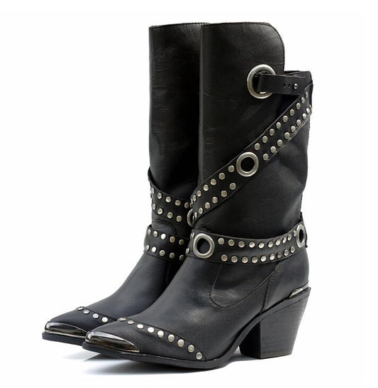 Rivet Pointed Toe Luxury Brand Women Winter Boots Genuine Leather High Heel Chunky Metal Stud Mid-calf Boots - LiveTrendsX