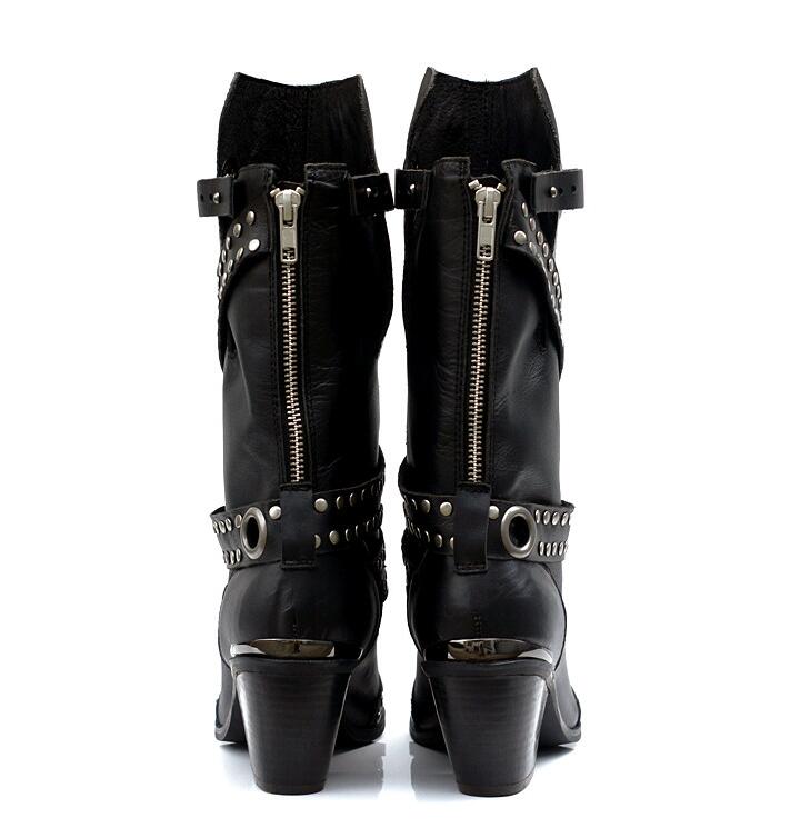 Rivet Pointed Toe Luxury Brand Women Winter Boots Genuine Leather High Heel Chunky Metal Stud Mid-calf Boots - LiveTrendsX