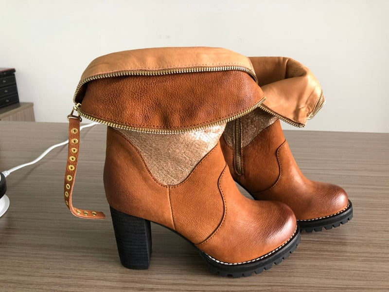 Brown Leather Lady Vintage Style Boots Rivets Zipper Decor Block Heel Bootie High Quality Chelsea Boots Female - LiveTrendsX