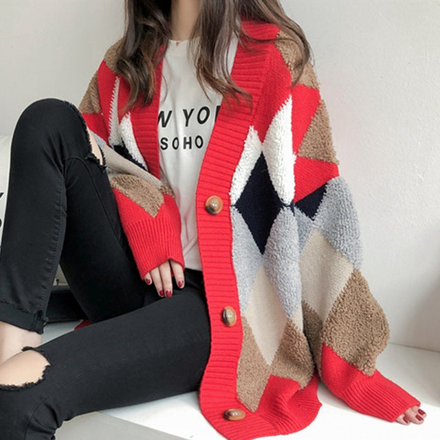 Women's Sweaters Autumn Winter 2019 fashionable Casual Plaid V-Neck Cardigans Single Breasted Puff Sleeve Loose SW658 - LiveTrendsX