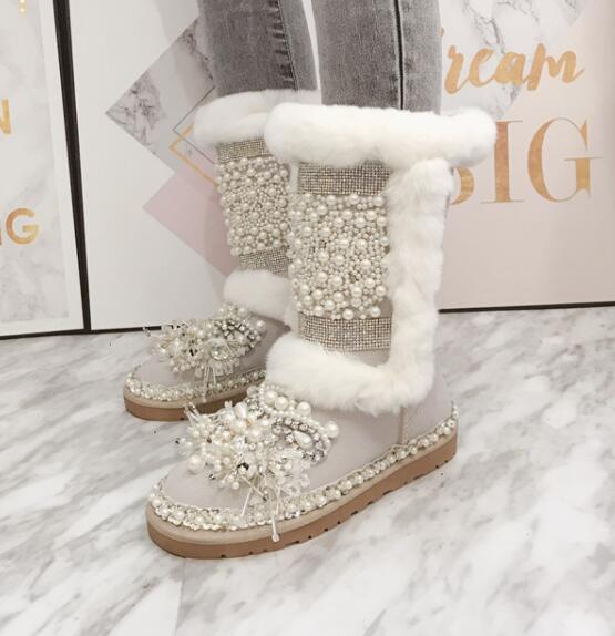 Heavy work rabbit fur leather snow boots Inner increase sweet pearl rhinestones handmade high thick cotton boots - LiveTrendsX