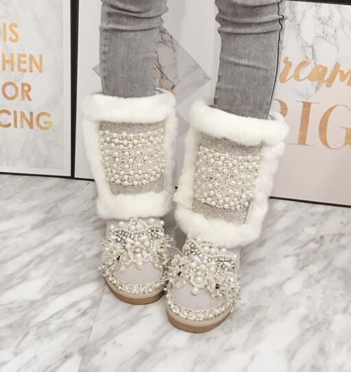 Heavy work rabbit fur leather snow boots Inner increase sweet pearl rhinestones handmade high thick cotton boots - LiveTrendsX