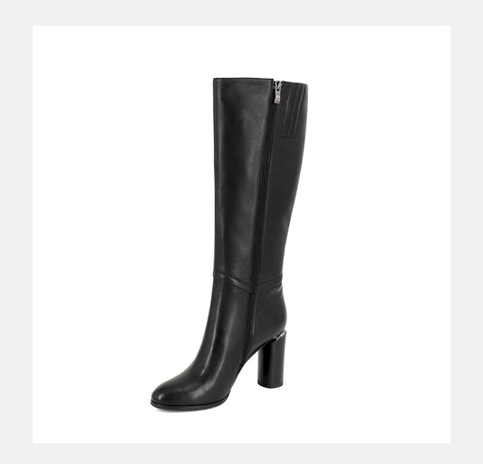 Winter Women's Boots Cow Leather Knee-High Round Toe Fashion High Round Heels Shoes Metal Decoration Zipper Boots BA7 - LiveTrendsX