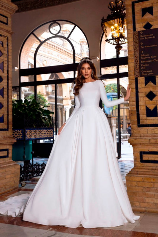 Vintage A-line Wedding Dress 2019 Reflective Dress Button Slit Long Sleeve Court Train Fluffy Simple Bridal Gown - LiveTrendsX
