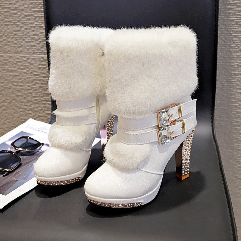 Women High end Boots Super High Fashion Warm Double Buckle Faux Fur Crystal Casual Shoes Thin Heels Ladies Boots - LiveTrendsX