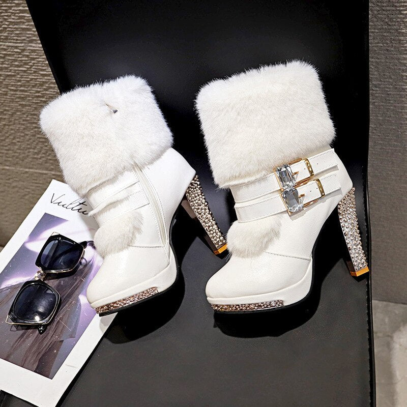 Women High end Boots Super High Fashion Warm Double Buckle Faux Fur Crystal Casual Shoes Thin Heels Ladies Boots - LiveTrendsX