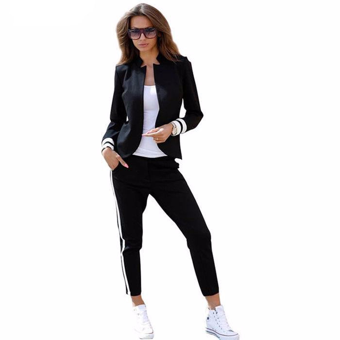 women 2 two Piece Set suits Long sleeve stand-up collar buttonless Black and white tracksuit - LiveTrendsX