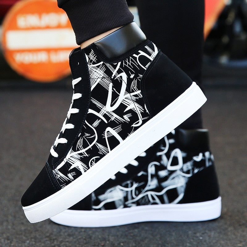 New Design Hip-Hop Fashion Graffiti High Tops Men's Shoes Casual Breathable Comfortable Rubber Sneakers Outdoor Footwear Flats - LiveTrendsX