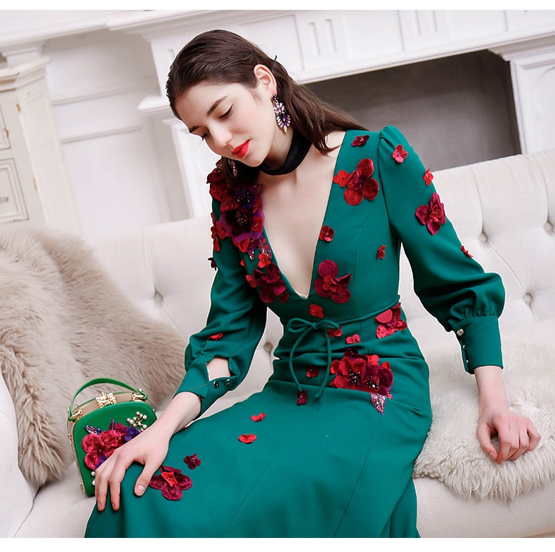 Women's Lantern Sleeve Vintage Flower  Dress