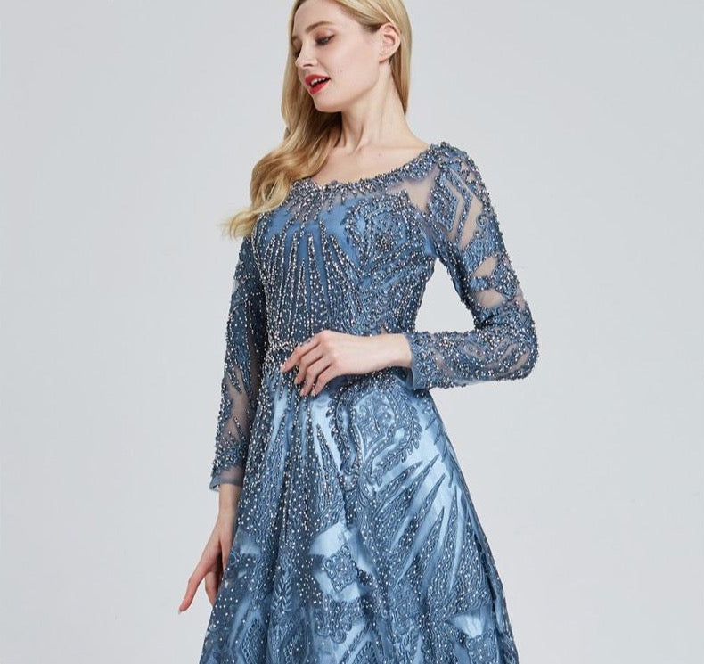 Dubai Luxury Long Sleeves Evening Dresses 2020 Navy Blue O-Neck Crystal Formal Dress Design  Plus Size - LiveTrendsX