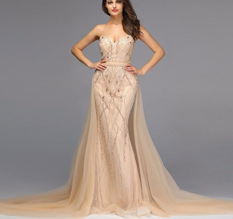 Dubai Luxury Pearls Crystal Evening Dresses Long 2020 White Nude Backless Mermaid Evening Gowns - LiveTrendsX