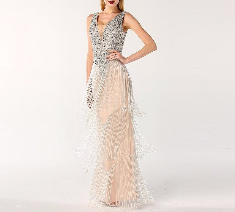 Dubai Design Grey Sexy Deep-V Evening Dresss Sequined Beading Tassel Luxury Formal Dress 2020 - LiveTrendsX