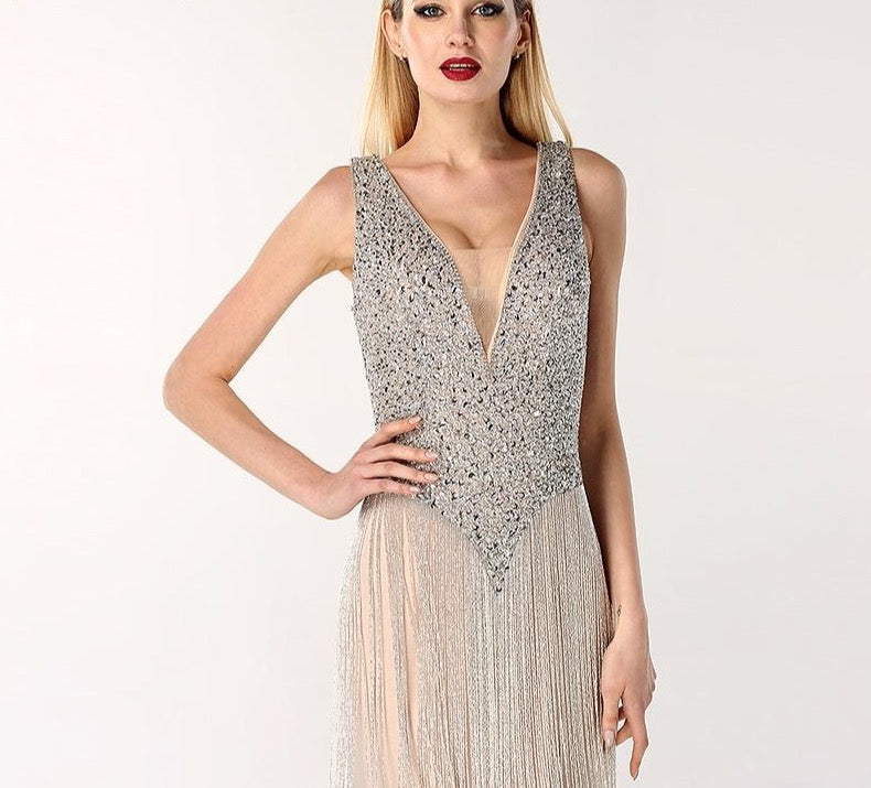 Dubai Design Grey Sexy Deep-V Evening Dresss Sequined Beading Tassel Luxury Formal Dress 2020 - LiveTrendsX