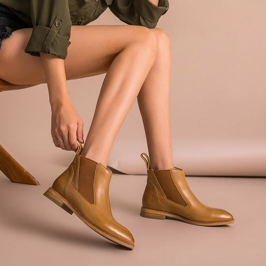 Chelsea Ankle Boots Women Genuine Cow Leather Elastic Band Pointed Toe High Quality Lady Shoes Handmade - LiveTrendsX