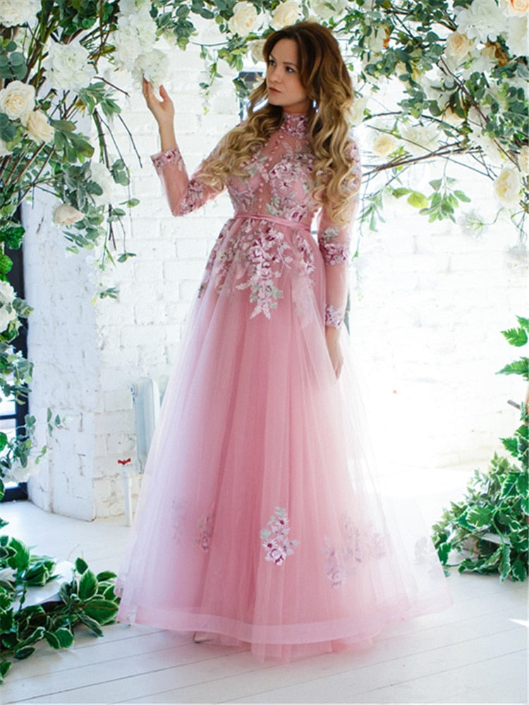 Evening Dress Pink Long Sleeves Floral Print Lace Up A-line Floor Length Party Gown Evening Gowns Prom Dresses - LiveTrendsX