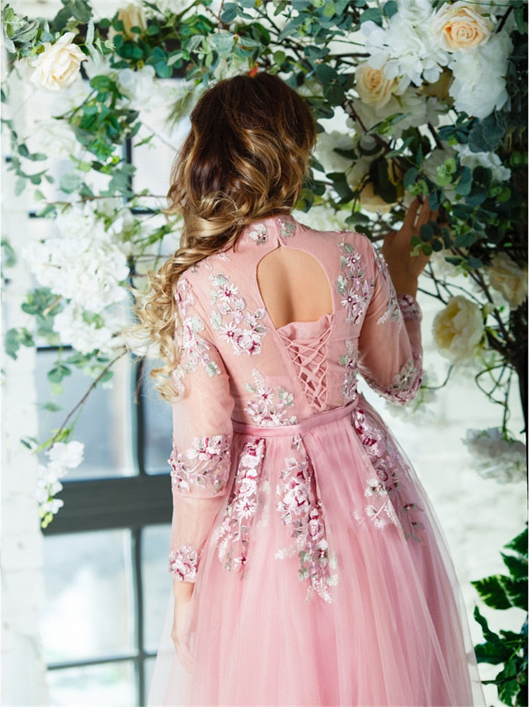 Evening Dress Pink Long Sleeves Floral Print Lace Up A-line Floor Length Party Gown Evening Gowns Prom Dresses - LiveTrendsX