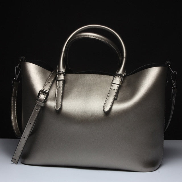 Silver Genuine Leather Shoulder Bags for Women 2019 High Quality Luxury Handbags Big Messenger Bag Tote Ladies Hand Bags Natural - LiveTrendsX