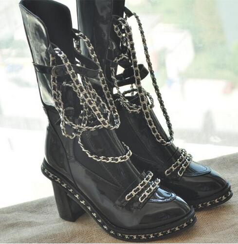 Fall Winter Ankle High Black White Motorcycle Boots Shoes Women Chained Overknee Boot Chunky Heels Big size - LiveTrendsX