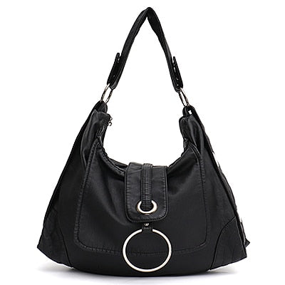 Fashion Vegan Leather Large Hobo Bag Women Washed PU Shoulder Bag Metal Ring Flap Ladies Brand Design Tote Female Handbag - LiveTrendsX