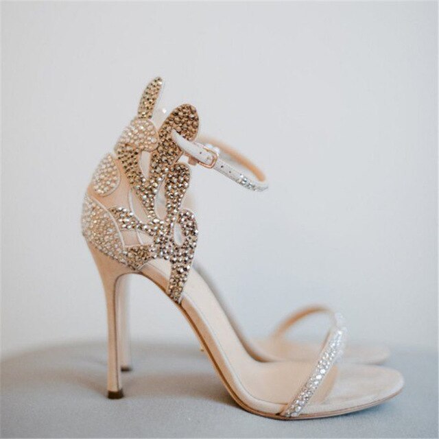 Luxury Crystal Studded Summer Wedding Sandals Ankle Buckle Open Toe Stiletto Thin Heeled Pumps Front Thin Strappy Woman Shoes - LiveTrendsX