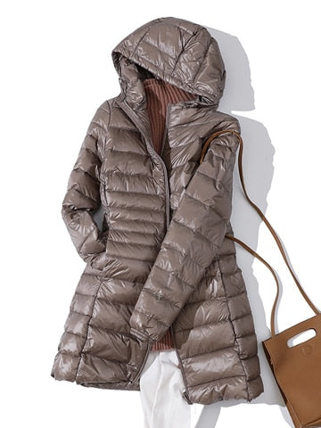 7XL Winter Woman Padded Hooded Long Jacket White Duck Down Female Overcoat Ultra Light Slim Solid Jackets Coat Portable Parkas - LiveTrendsX