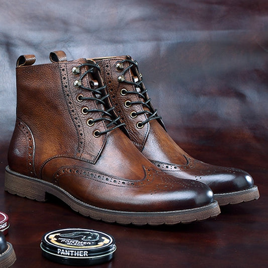 Round Toe Men's Natural Genuine Leather Brogue Ankle Boots - LiveTrendsX