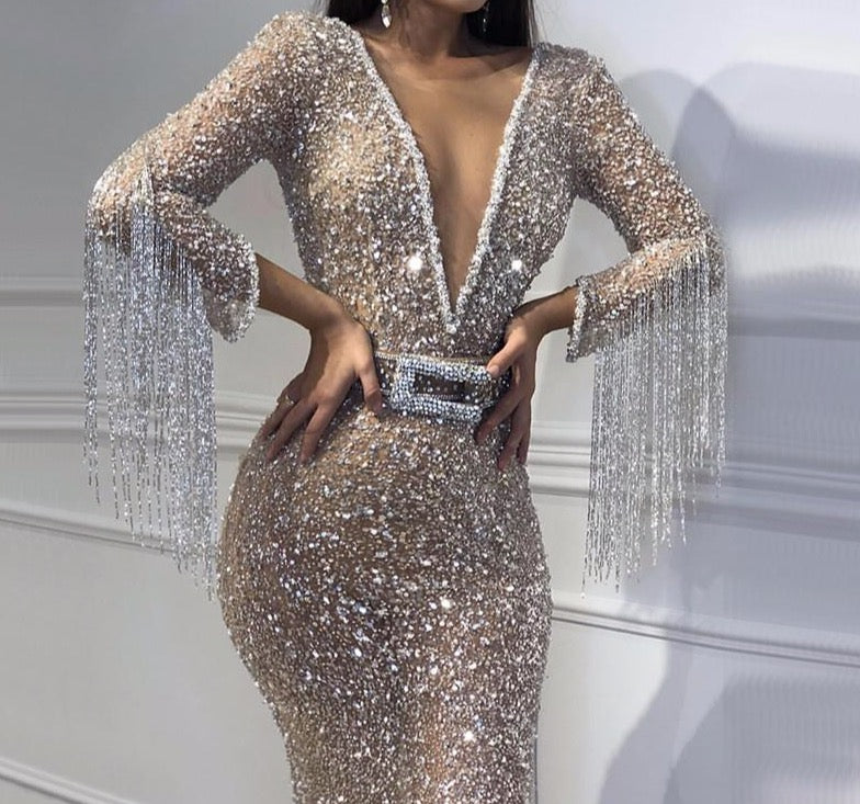 Dubai Luxury Long Sleeves Tassel Evening Dresses 2020 V-Neck Beading Sequined Sexy Evening Gowns - LiveTrendsX