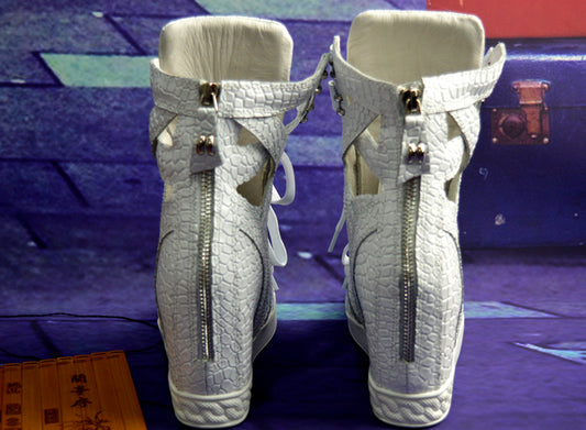 Fashion White Python Leather Ladies Lace Up High Tops Ankle Buckle Women Sexy Wedge Sneakers Cut Out Style Casual Shoes Size 41 - LiveTrendsX