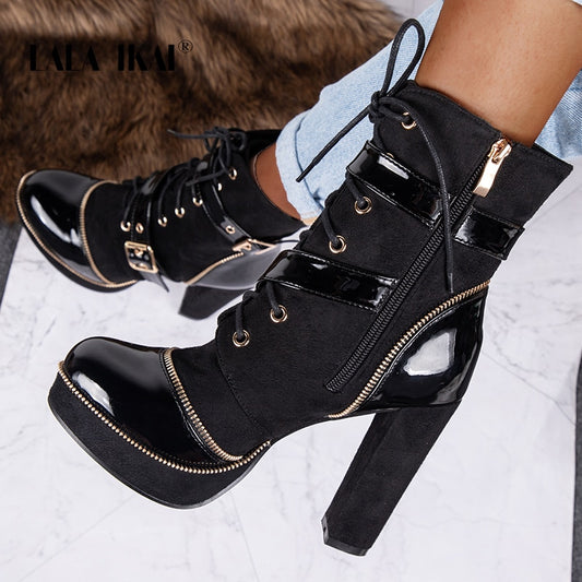 Women Ankle Boots Buckle Strap Black Motorcycle Boots Lace-up PU Leather Female Platform High Heels Boots - LiveTrendsX