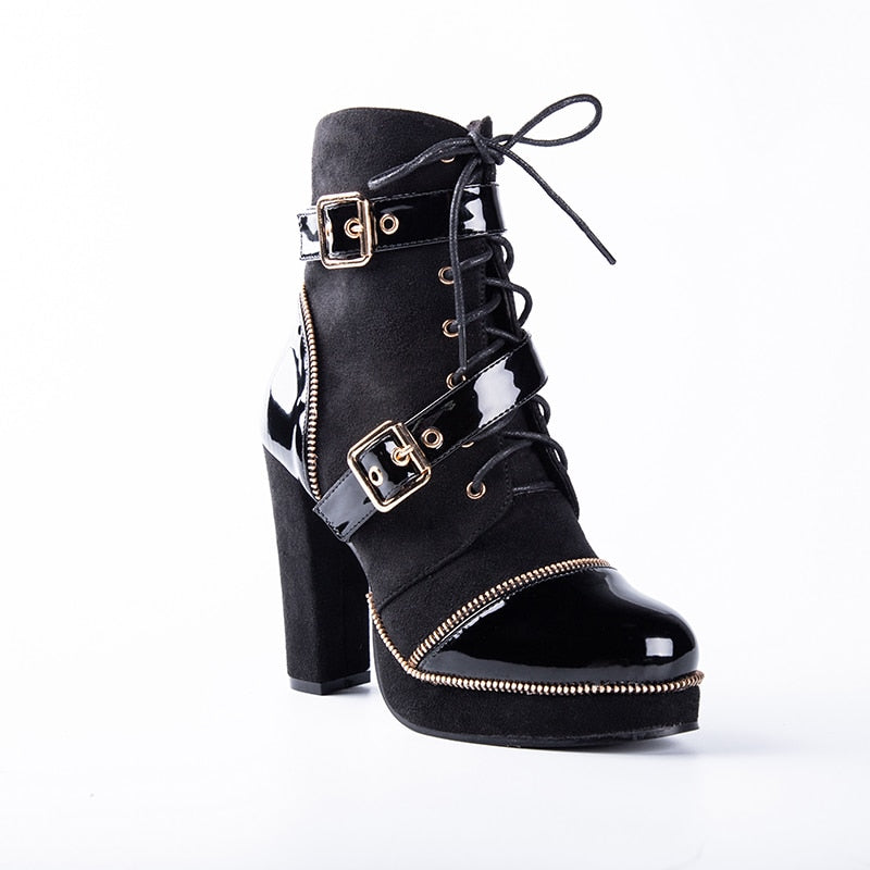 Women Ankle Boots Buckle Strap Black Motorcycle Boots Lace-up PU Leather Female Platform High Heels Boots - LiveTrendsX