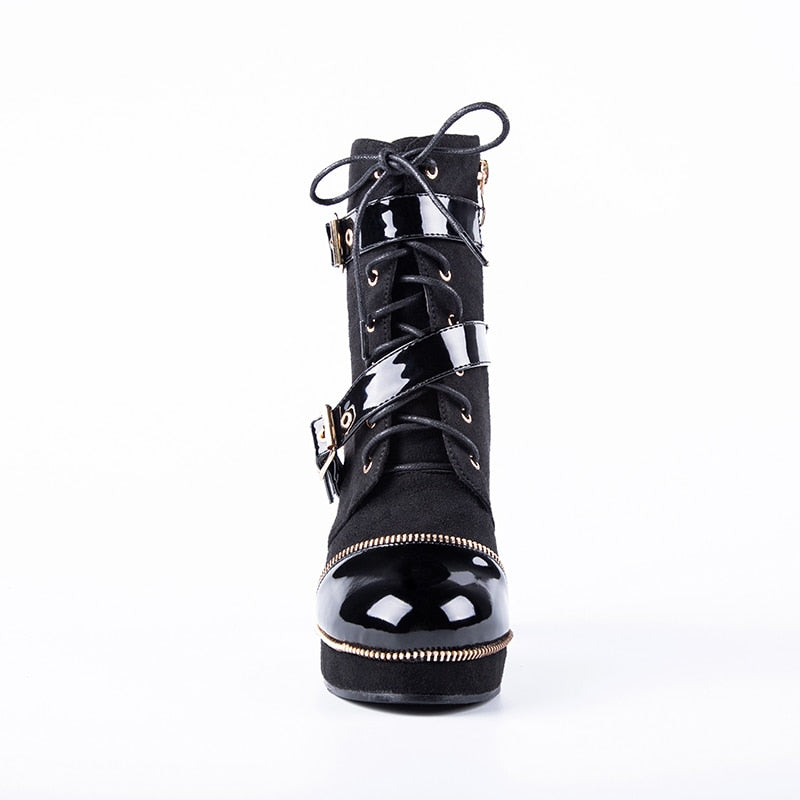 Women Ankle Boots Buckle Strap Black Motorcycle Boots Lace-up PU Leather Female Platform High Heels Boots - LiveTrendsX