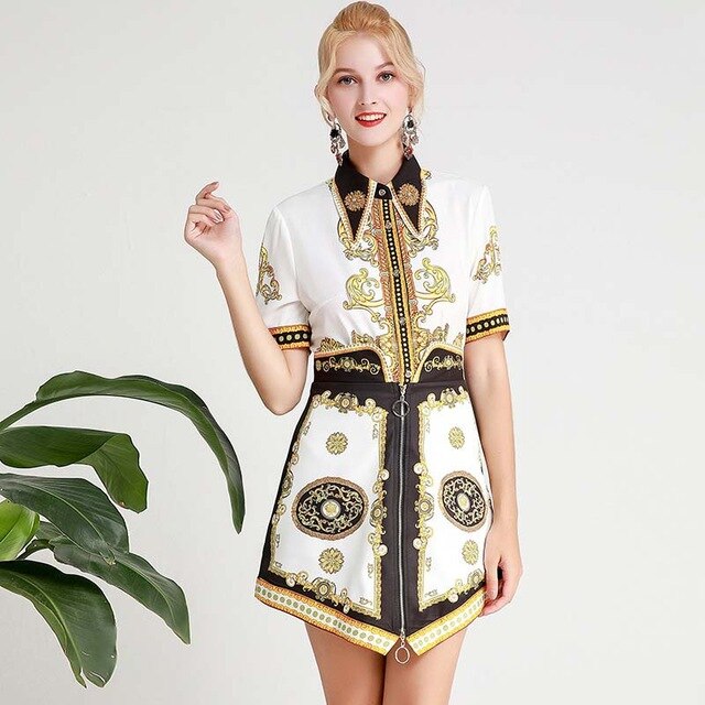 Women's Runway Twinsets Turn Down Collar Short Sleeves Printed Shirts with High Waist Skirts Two Piece Dress Sets - LiveTrendsX