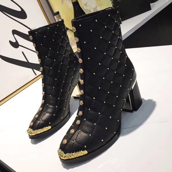 Women Ankle Boots Pointed Toe High Heels Zipper Square Heel Ladies F Short Boots - LiveTrendsX