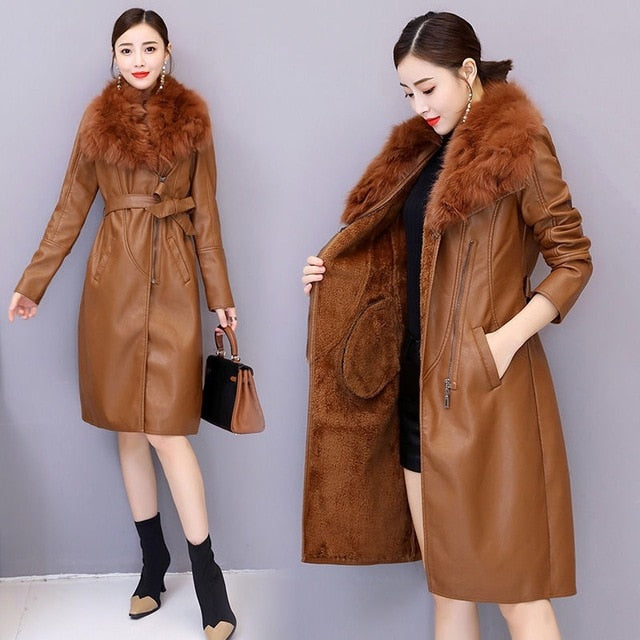 Women's Leather Jacket for Winter 2019 New Plus Velvet Warm Slim Big Fur Collar Long Leather Coat Female Outerwear M-4XL - LiveTrendsX