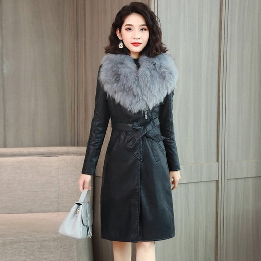 Women's Leather Jacket for Winter 2019 New Plus Velvet Warm Slim Big Fur Collar Long Leather Coat Female Outerwear M-4XL - LiveTrendsX