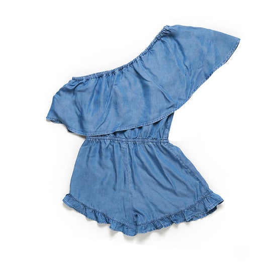 Autumn Winter Women Denim Fancy Short Jumpsuit Casual Slant Shoulder Flouncing 100% Tencel Washed Blue Female Lady Short - LiveTrendsX