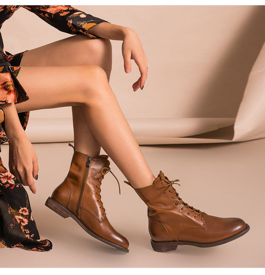 Ankle Boots Women Genuine Leather Lace-Up Side Zipper Top Quality Autumn Winter Lady Shoes Handmade - LiveTrendsX