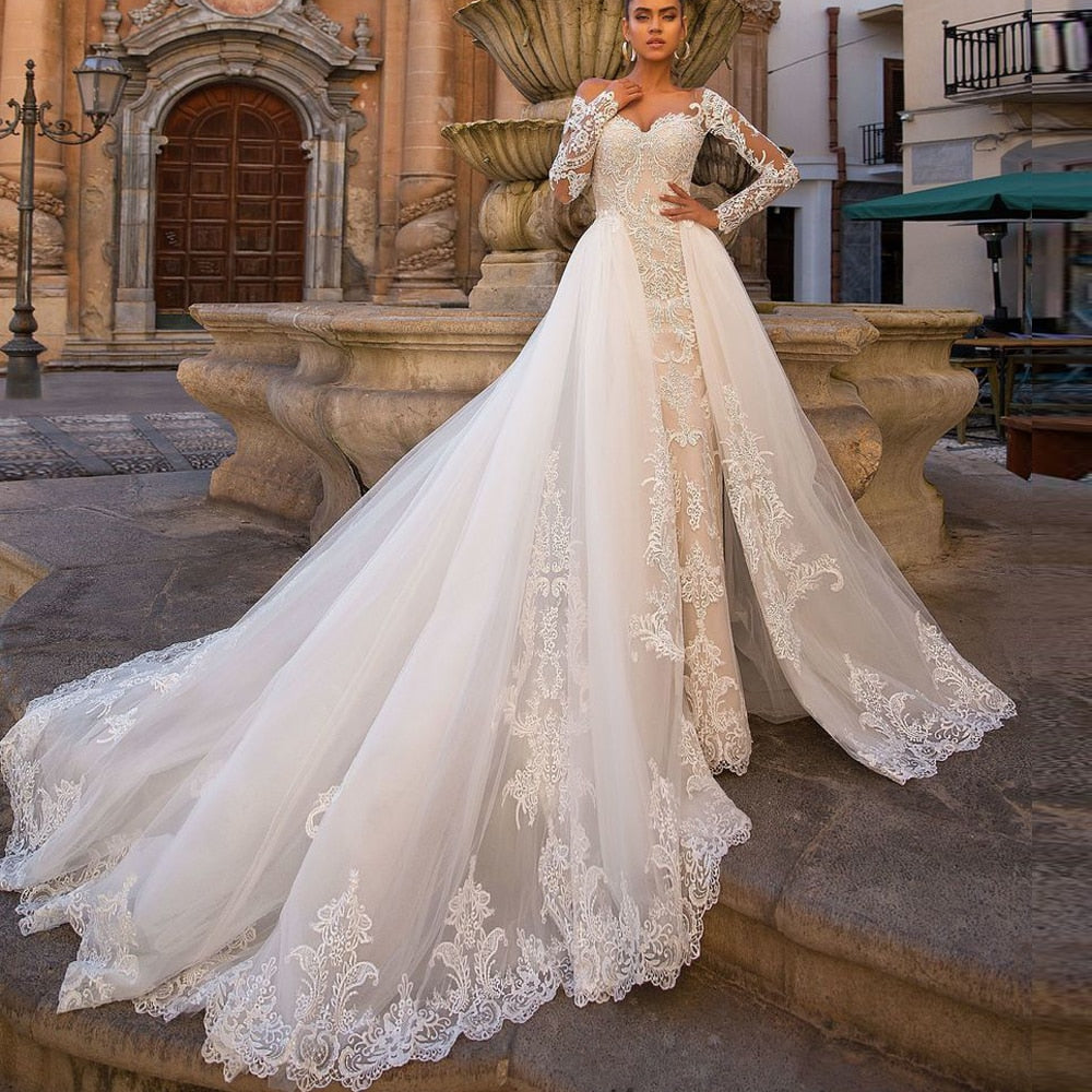 Sexy Mermaid Wedding Dresses Detachable Skirt 2019 Off Shoulder Lace Long Sleeve Button Back Bridal Wedding Gowns For Bride - LiveTrendsX