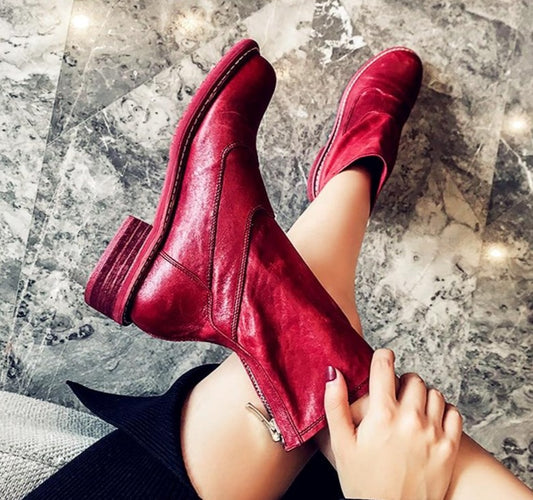 Genuine Leather Short Boots Winter Women Shoes Handmade Sewing Soft Outsole Lazy Shoes Flat Boots Red Beige Black Size 33-42 - LiveTrendsX