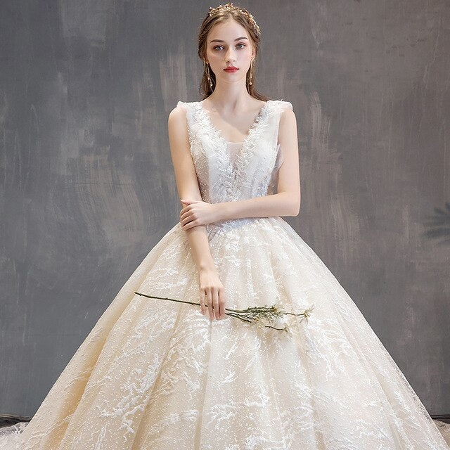 New Luxury Champagne Wedding Dress Bride Elegant V-neck Court Train Lace Beading Long Wedding Gowns - LiveTrendsX