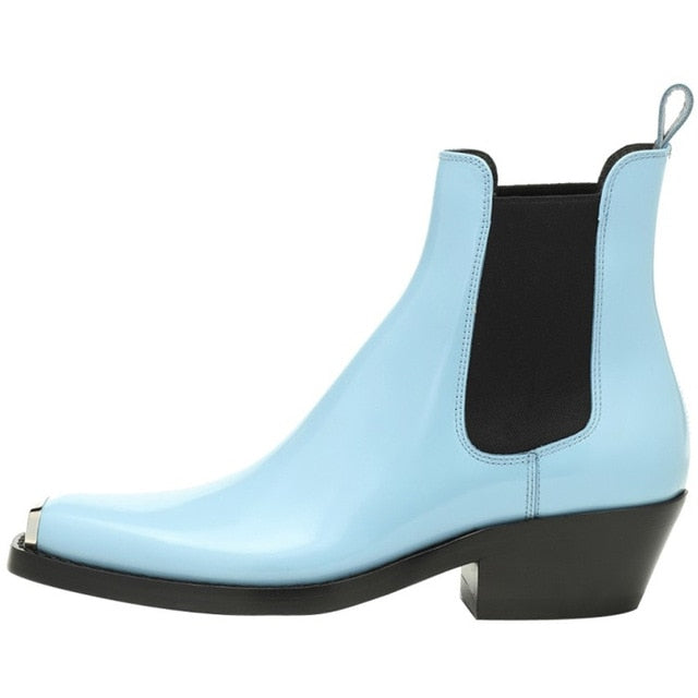 Women Winter Genuine Leather Ankle Boots For Women Metal Toe Cap Elastic Band Booties Mujer 2019 Low Heels Shoes Woman - LiveTrendsX