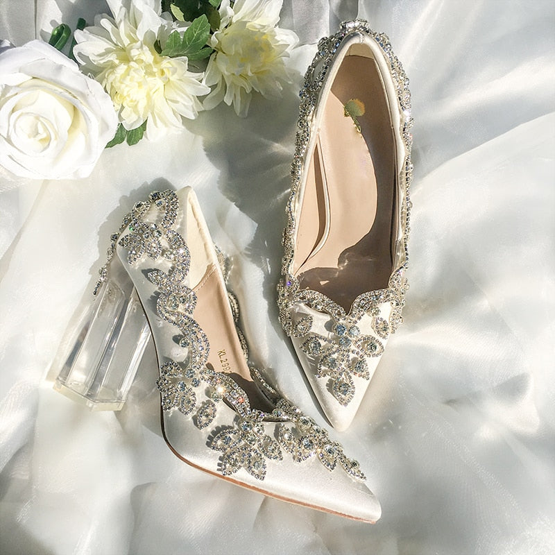 Women Wedding Shoes Bride Clear Heels Crystal Pumps