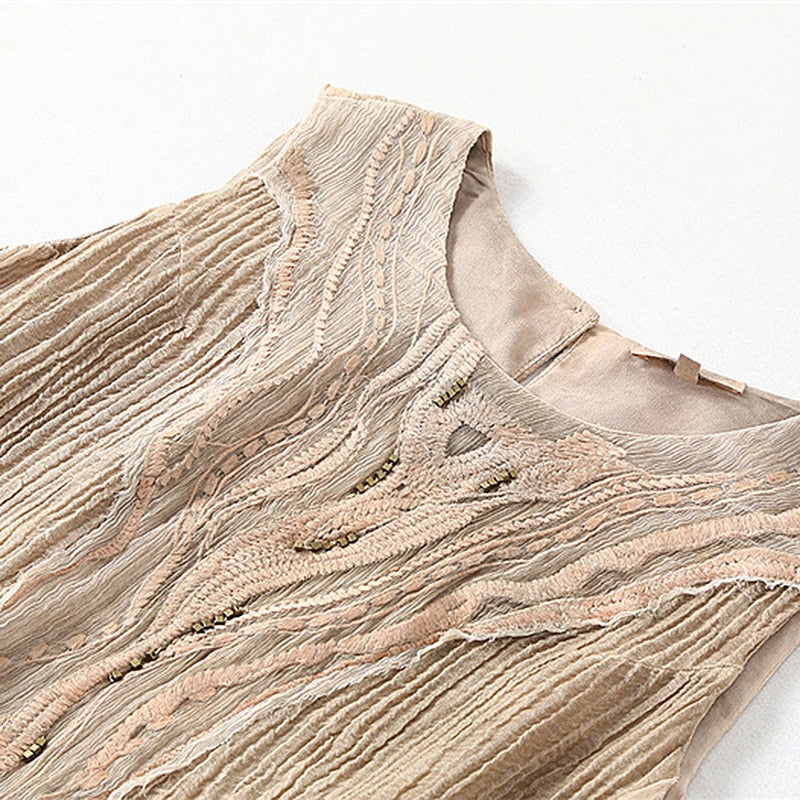 High-end Silk Dress Women Fabric 100% Silk Patchwork 100% Ramie Appliques Solid O Collar 2 Colors - LiveTrendsX