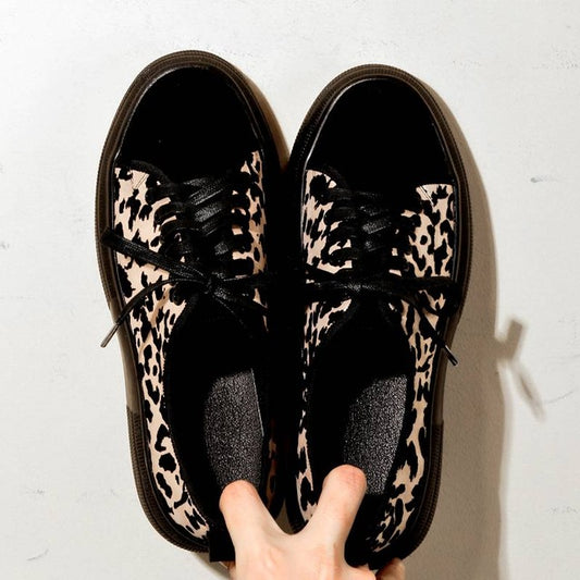 vintage leopard natural leather round toe thick bottom platform sneakers lace up large size vulcanized shoes - LiveTrendsX