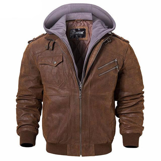 Men's Real Leather Jacket Men Motorcycle Removable Hood winter coat Men Warm Genuine Leather Jackets - LiveTrendsX
