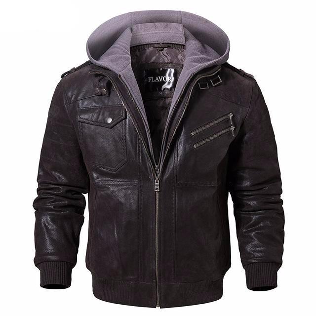 Men's Real Leather Jacket Men Motorcycle Removable Hood winter coat Men Warm Genuine Leather Jackets - LiveTrendsX
