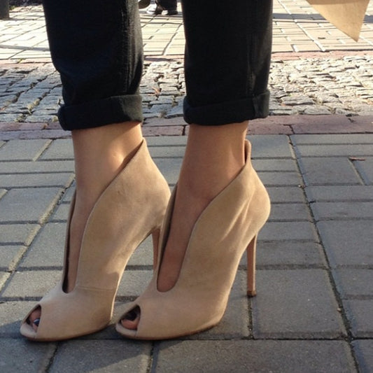 Women Open Toe Ankle Boots Woman Natural Suede Leather Soft Shoes Women's Booties Lady Heel Shoe - LiveTrendsX