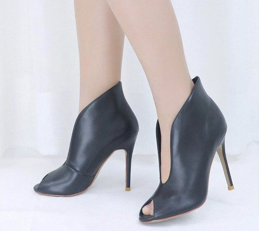 Women Open Toe Ankle Boots Woman Natural Suede Leather Soft Shoes Women's Booties Lady Heel Shoe - LiveTrendsX