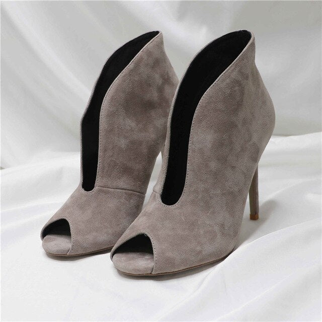 Women Open Toe Ankle Boots Woman Natural Suede Leather Soft Shoes Women's Booties Lady Heel Shoe - LiveTrendsX